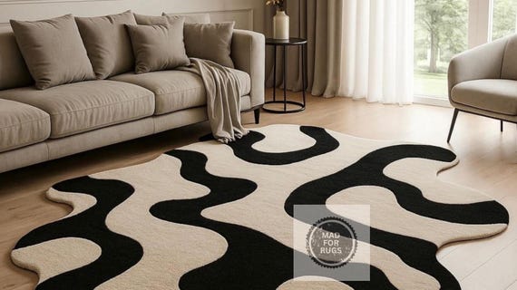 Modern Organic Hand- Tufted Rug- Abstract Black & Beige Irregular shape Designer Statement Carpet For living Room Decor".