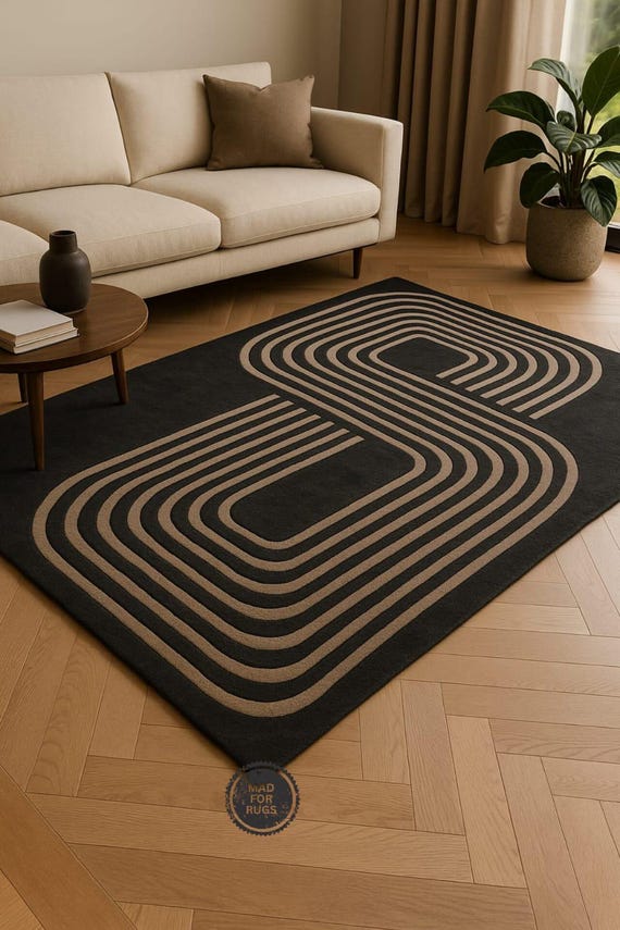 Modern Handmade Abstract Area Rug – Black & Beige Contemporary Tufted Carpet | 8x10 or 9x12 | Soft Living Room Rug, Cool Home Decor Gift.