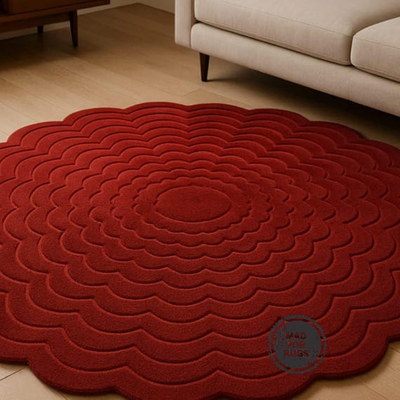 Handmade Solid Red Wool Round Rug – Minimalist Luxury Carpet | 10x10 or 12x12 | Soft Thick Pile, Modern Living Room or Office Decor