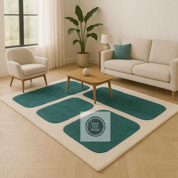 Mid-Century Modern Hand-Tufted Rug – Retro Teal & Ivory Block Design |Soft Wool Rectangle Area Rug for Minimalist or Scandinavian Interiors"