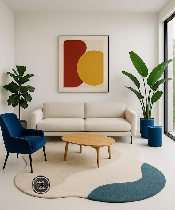 Modern Irregular Shaped Abstract Rug – Handmade Beige & Blue Tufted Area Carpet | 8x10 or 9x12 | Living Room Decor, Unique Soft Art Rug.