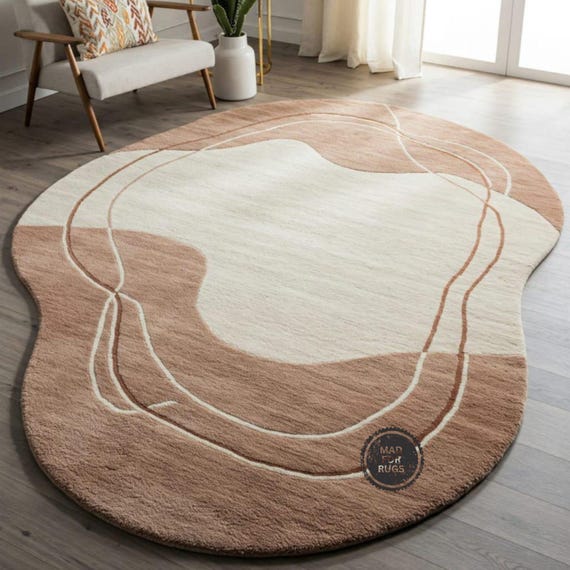 Modern Abstract Irregular Rug –Handmade High-Low Tufted Carpet in Orange, White | 8x10 & 9x12 |Living Room Area Rug, Unique Home Decor Gift.