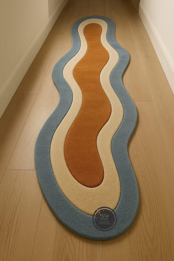 Modern Handmade Tufted Runner Rug – 2.6x10 & 3x12 | Wavy Orange, Beige and Blue Wool Carpet | Minimalist Hallway Decor, Personalized Gift.