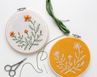 Marigolds Digital Embroidery Pattern with Two Versions of Embroidered Botanical Designs in the PDF