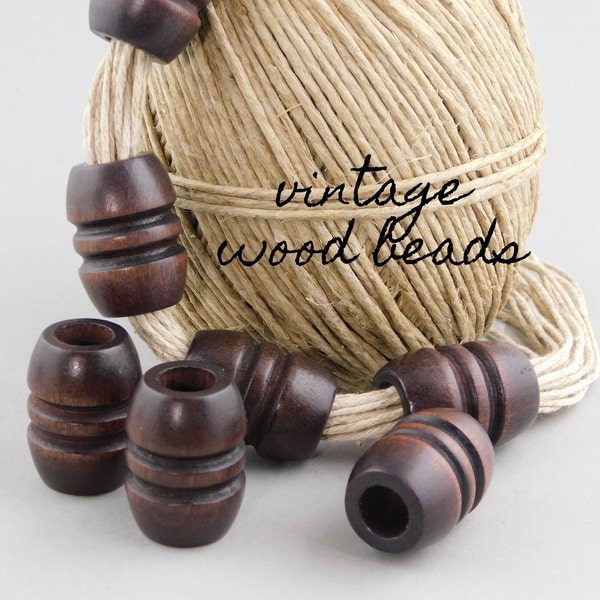 Vintage Wood Beads, grooved barrel, dark brown, large 10mm hole, macrame, tassel, weaving, decor, garland, door plant hanger, jewelry