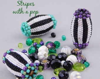 Beaded Bead tutorial - Stripes with a pop, by Sharri Moroshok, easy peyote stitch, oval focal bead, colorful, playful midcentury mod design