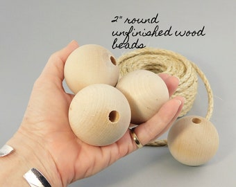 Huge Round Wood Beads unfinished 2 inch (50mm) large hole 6 pieces for wood crafts, rustic beach holiday macrame diy decor made in US