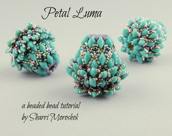 Petal Luma a beaded bead tutorial by Sharri Moroshok, layered beaded egg pine cone artichoke pod pattern, 2 hole beads Gemduos bead weaving