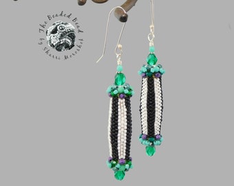 Extra long bold beaded earrings, black and white stripes with multicolor sparkle, unique fun beaded beads by Sharri Moroshok