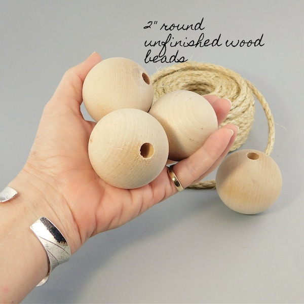 Huge Round Wood Beads unfinished 2 inch (50mm) large hole 6 pieces for wood crafts, rustic beach holiday macrame diy decor made in US