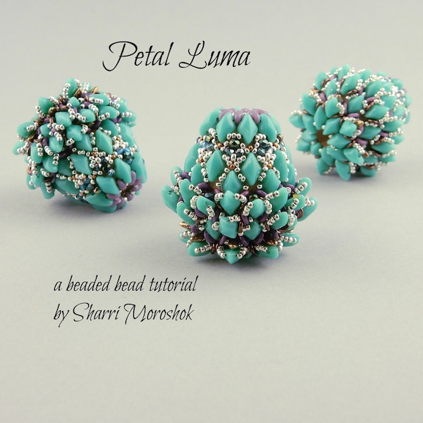 Tutoriel de perles Petal Luma par Sharri Moroshok, motif de cosses d'artichauts, pommes de pin et oeuf en perles, perles à 2 trous tissage de perles Gemduos
