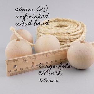 Giant Round Wood Beads unfinished 50mm (2 inch) large hole 1 piece for wood crafts, rustic beach nautical farmhouse decor macrame