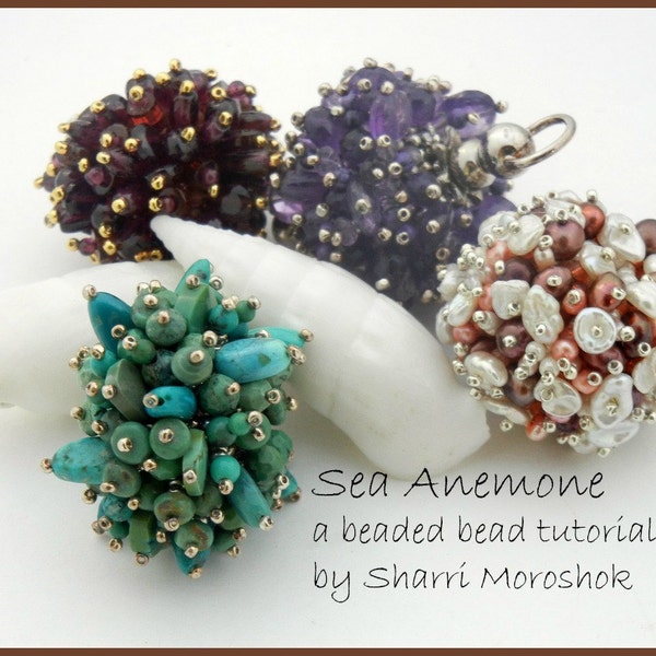 Sea Anemone a beaded bead tutorial by Sharri Moroshok, peyote stitch, spiky bead ocean beach summer beading project, gemstone pearl bead