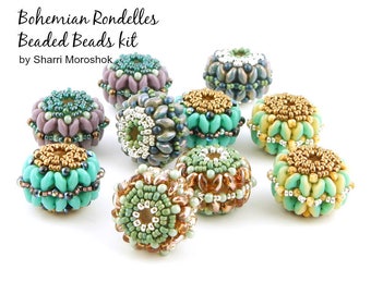 Beaded Beads Kit, Bohemian Rondelles, 10 easy beaded beads, peyote stitch, includes instructions and materials, seed beads, superduos