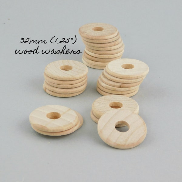 Unfinished natural wood washers discs - 32mm 1.25 inch - flat round circle beads blanks, for wood crafts macrame game pieces spacers pendant