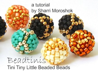 Small Beaded Beads Tutorial - Beadtinis - instant download pdf with photos and step by step instructions, peyote stitch pattern, round bead