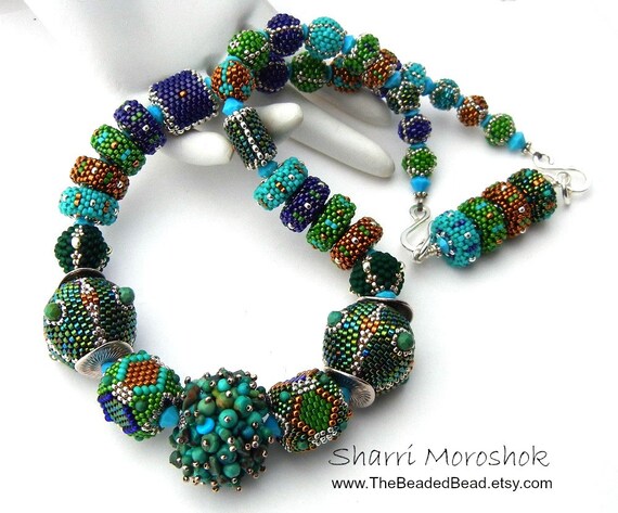 Items similar to Peacock Beaded Bead Necklace by Sharri Moroshok on Etsy