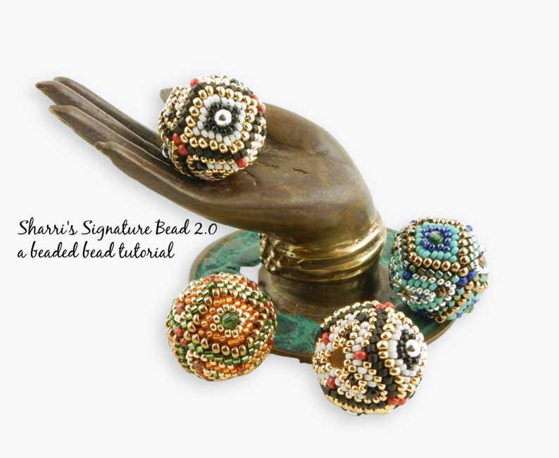 Beaded Bead Tutorial Sharri's Signature Bead 2.0, peyote stitch beaded bead, round focal bead, diamond pattern bead, eye bead, image 1