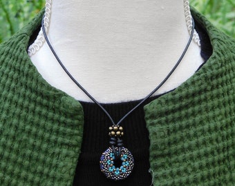 Beaded Mandala pendant on adjustable length leather cord, simple, everyday art to wear