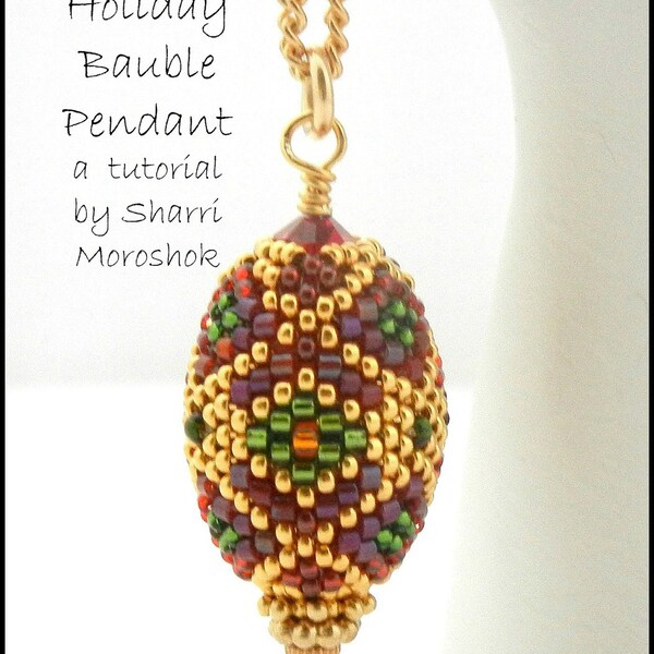 Beading Tutorial - Holiday Bauble Beaded Bead Pendant or Ornament - peyote stitch beadwork, diamond pattern beaded bead, oval bead,