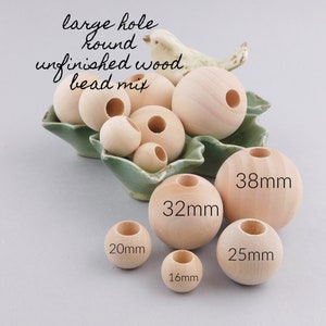 Large Hole Round Unfinished Wood Beads Mix, wooden craft bead assortment sampler, for macrame,  diy decor, 38mm 32mm 25mm 20mm 16mm