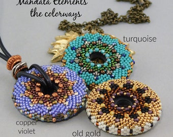 May include: Three beaded necklaces with mandala-style pendants in turquoise, copper, violet, and olive colors. The text "Mandala Elements the colorways" is visible above the necklaces. The turquoise pendant is labeled "turquoise", the copper, violet, and olive pendant is labeled "copper", and the gold pendant is labeled "old gold".