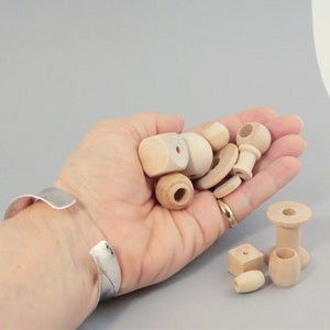 Unfinished Wood Beads Assortment mix grab bag, barrels round square spool disc, for kids crafts, jewelry making large hole macrame garlands image 3