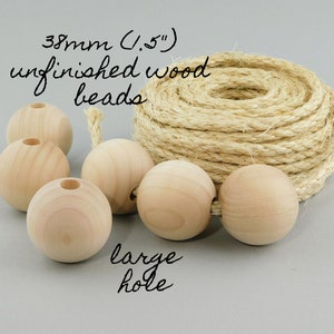 X Large Round Unfinished Wood Beads, 38mm (1.5 inch), 2 pieces giant large hole natural wood for macrame plant hangers diy wood crafts decor