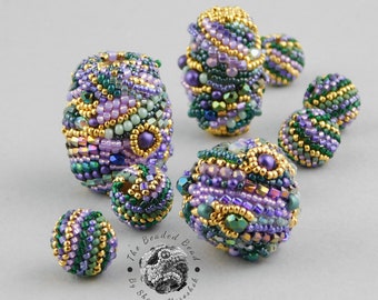 Handmade Mardi Gras Beaded Beads by Sharri Moroshok, freeform peyote stitch, loose focal beads,  purple green gold beads, abstract art beads