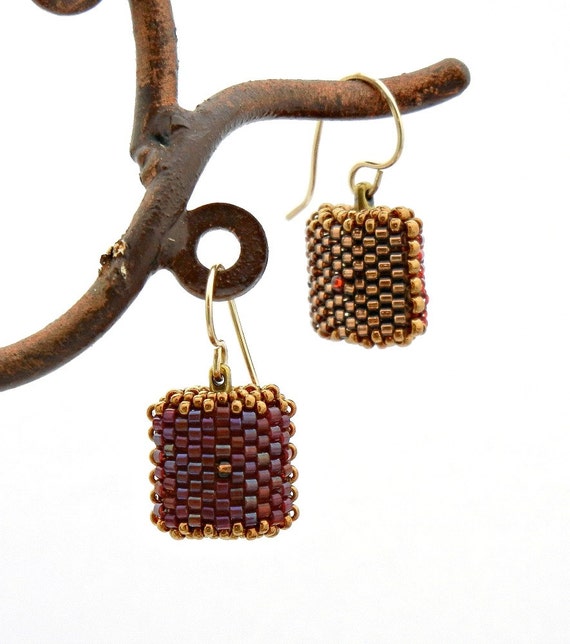 Items similar to Beaded Bead Earrings Pillow Beads autumn chocolate