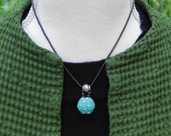 Turquoise and silver polka dot pendant on adjustable length leather cord, simple, everyday art to wear