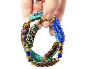 Chunky elegant beaded bangle bracelets, comfortable stretch elastic, handmade art to wear by Sharri Moroshok