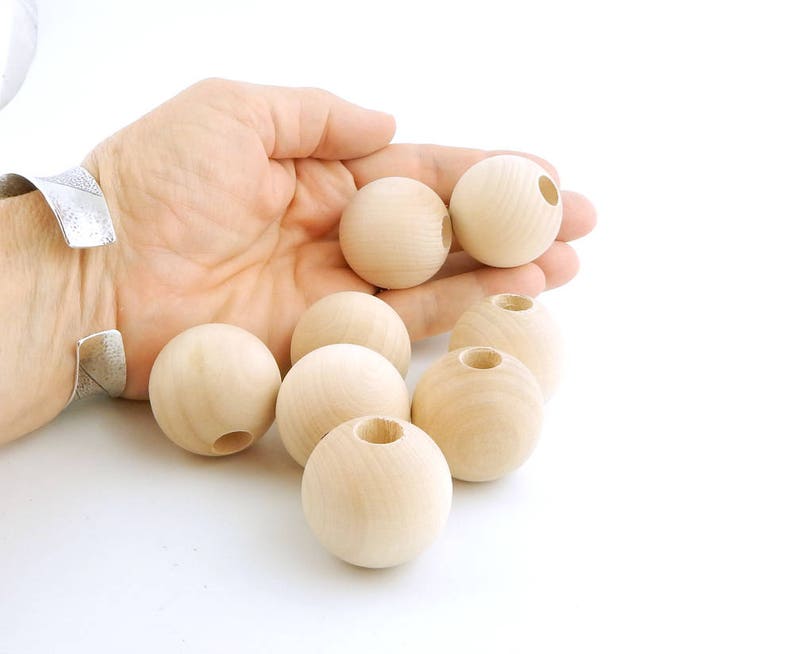 32mm Round Unfinished Wooden Beads, 1 1/4, 6 pieces, large hole, for crafting garlands macrame ornaments farmhouse decor kids craft tassel image 2