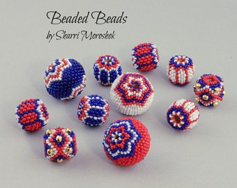 Chevron beaded beads, handcrafted loose beaded beads by Sharri Moroshok, red white and blue, focals sets and pairs, for jewelry making