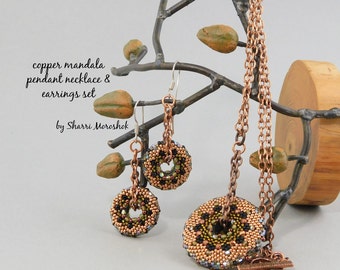 Copper Mandala pendant necklace and earrings, autumn jewelry, meditation yoga gift, fall fashion, spiritual gift, handmade gift, art to wear