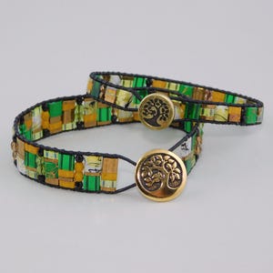 Emerald Rainforest Tila Bead Bracelet Stack | Bold Green and Gold Mosaic Tile Wrap