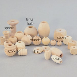 Unfinished Wood Beads Assortment mix grab bag, barrels round square spool disc, for kids crafts, jewelry making large hole macrame garlands image 2