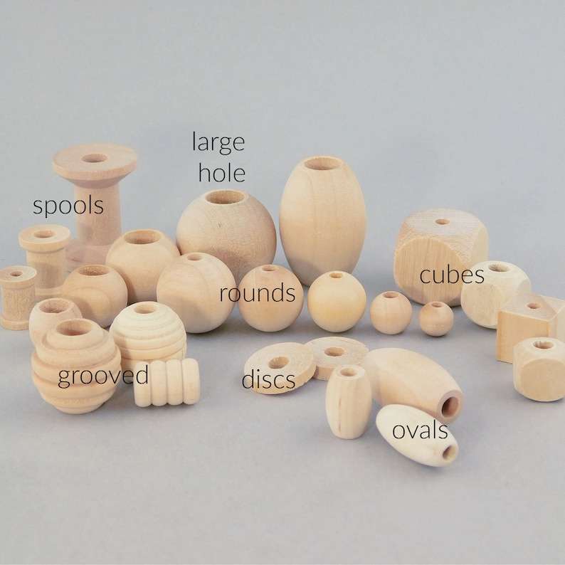 Unfinished Wood Beads Assortment mix grab bag, barrels round square spool disc, for kids crafts, jewelry making large hole macrame garlands image 2