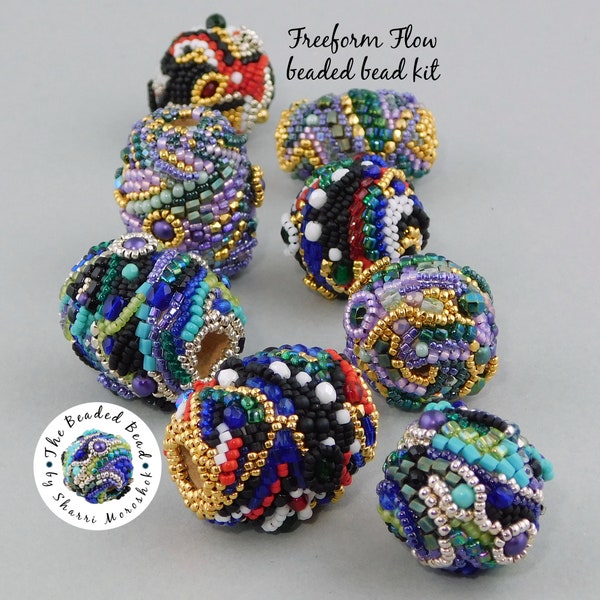 Freeform Flow Beaded Bead kit, freeform peyote stitch bead pack, focal bead, abstract art seed bead weaving, 3 colorways, unique project