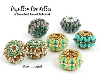 Beaded Bead tutorial by Sharri Moroshok - Papillon Rondelles, super duo beaded beads pattern, bead weaving tutorial, seed bead jewelry