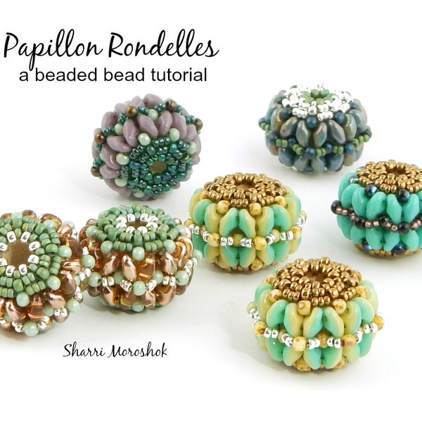 Beaded Bead tutorial by Sharri Moroshok - Papillon Rondelles, super duo beaded beads pattern, bead weaving tutorial, seed bead jewelry