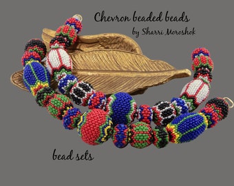 Multicolor Chevron Beaded Beads – Handmade Peyote Stitch Focal Beads for Jewelry Making –  Murano Style Artisan Bead Sets