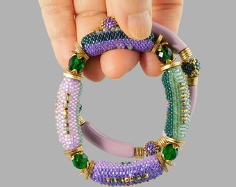 Chunky elegant beaded bangle bracelets, Mardi Gras purple green and gold, comfortable stretch elastic, wrist candy by Sharri Moroshok