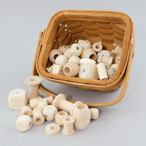 Unfinished Wood Beads Assortment mix grab bag, barrels round square spool disc, for kids crafts, jewelry making large hole macrame garlands image 1