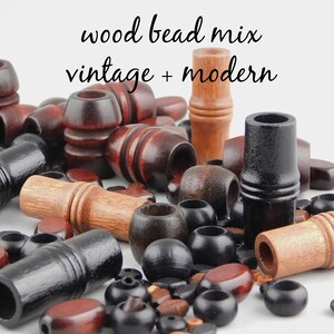 Wood bead mix, vintage and modern, rich browns, black, earthy 100g, large and small, variety of shapes, beads for jewelry, decor, crafting