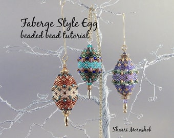 Beaded egg tutorial by Sharri Moroshok, peyote stitch bead weaving pattern, spring easter holiday gift, pendant or diy decor