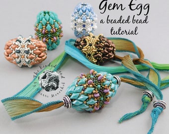 Gem Egg, beaded bead tutorial pattern by Sharri Moroshok, seed bead weaving peyote stitch, gemduos, focal bead, mini ornament, easter egg