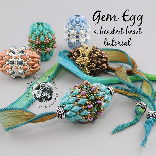 Gem Egg, beaded bead tutorial pattern by Sharri Moroshok, seed bead weaving peyote stitch, gemduos, focal bead, mini ornament, easter egg