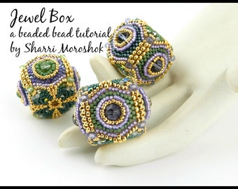 Beaded Bead Tutorial - Jewel Box Beaded Bead pattern by Sharri Moroshok, large focal bead project, ornament, pendant, seed beads, crystals