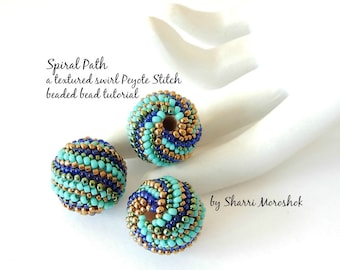 Spiral Path - Peyote Stitch Beaded Bead tutorial by Sharri Moroshok, round beaded bead for jewelry making, peyote stitch beaded pendant